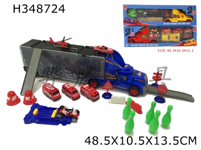 H348724 - Portable container car luxury version with 1 ejection board, 4 cars, 1 plane, 1 motorcycle, 2 horses, 5 road signs, 5 bowling, 2 skateboards