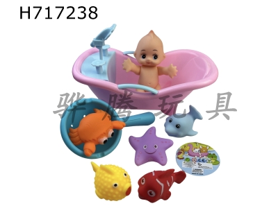 H717238 - 5 Bathroom Water Playing Enamel Animals with Three Haired Dolls. Fish Fishing
