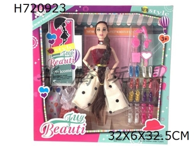 H720923 - High end fashion 11.5-inch 9-joint solid body long braided Barbie shoe set. Hanging clothes